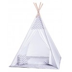 Cort mare copii stil indian Teepee White Grey Stars, XXL, alb-gri, include covoras / salteluta si perne